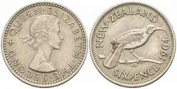 Новая Зеландия 6 пенсов 1964 Елизавета II (1952-2022), разноклювая гуйя KM 26.2 медно-никель 214-318