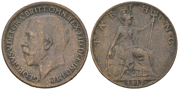 Великобритания 1 фартинг 1917 Георг V (1910-1936) KM 808.1, Spink 4059 бронза 4617-856
