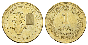 Ливия 1 динар 2017 год-тип KM 36 сталь плакированная латунью UNC 4678-353