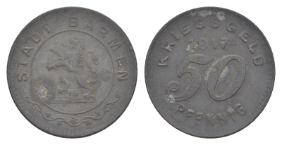 Бармен 50 пфеннигов 1917 Funck 30.2, Men05 1453.2, Men18 1851.2 цинк 3459-544