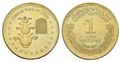 Ливия 1 динар 2017 год-тип KM 36 сталь плакированная латунью UNC 4678-353