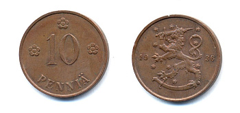 Финляндия 10 пенни 1936 республика (1918-1962) KM 24 медь 51-5535