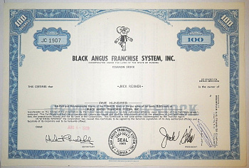 США, BLACK ANGUS FRANCHISE SYSTEM, INC. 100 акций 1969 США бумага 00-00