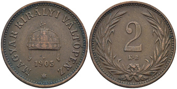 Венгрия 2 филлера 1905 КВ, Франц Иосиф I (1848-1916) KM 481 бронза 29-534
