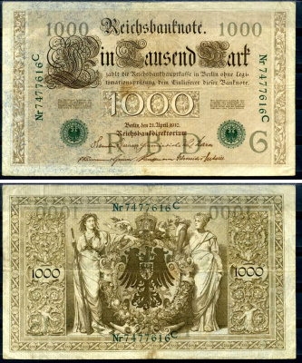 Германия 1000 марок 1910 21 апреля 1910, зеленая печать, номер семизначный, серия C, буква G, выпуск АПРЕЛЬ - ИЮЛЬ 1918 Pick 45 b бумага 8618-51-1-2