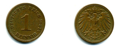 Германия 1 пфенниг 1897 A KM 10, J. 10, Weege 2 медь 35-1146