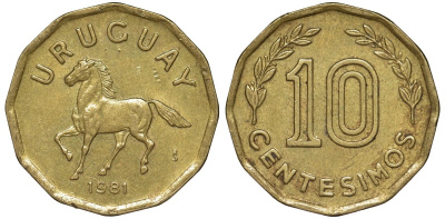Уругвай 10 сентесимо 1981 KM 66 алюминиевая бронза 4169-551