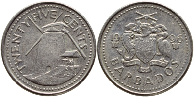 Барбадос 25 центов 1996 ветряная мельница Моргана Льюиса KM 13 медно-никель 4398-436