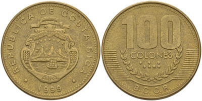 КОСТА-РИКА 100 КОЛОН 1999 со KM 230а.1 латунь 82-243