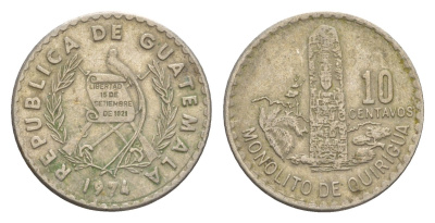 Гватемала 10 сентаво 1974 KM 274 медно-никель 4651-928