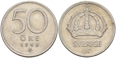 Швеция 50 эре 1946 TS, Густав V (1907-1950) KM 817 серебро 4148-853