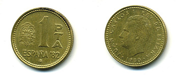 ИСПАНИЯ 1 ПЕСЕТА 1981 ЧЕМПИОНАТ МИРА ПО ФУТБОЛУ ИСПАНИЯ 1982 KM 816 алюминиевая бронза 54-166