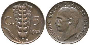 ИТАЛИЯ 5 ЧЕНТЕЗИМО 1925 R, КОЛОС, ВИКТОР ИМАНУИЛ III (1900-1946) KM 59 медь 34-252