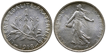 Франция 1 франк 1918 сеятель KM 844.1, Le Franc 217.24 серебро UNC 259-723