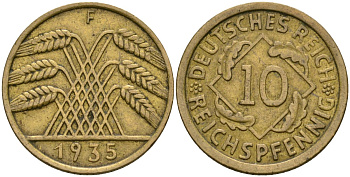 Германия 10 рейхспфеннигов 1935 F KM 40 алюминиевая бронза 4171-1113