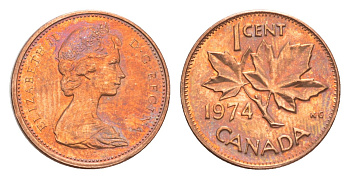 Канада 1 цент 1974 Елизавета II (1952-2022), кленовый лист KM 59 бронза aUNC 4639-344