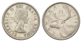 Канада 25 центов 1962 Елизавета II (1952-2022), олень KM 52 серебро 4622-837