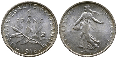 Франция 1 франк 1918 сеятель KM 844.1, Le Franc 217.24 серебро UNC 259-723