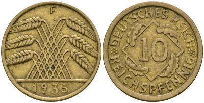 Германия 10 рейхспфеннигов 1935 F KM 40 алюминиевая бронза 4171-1113