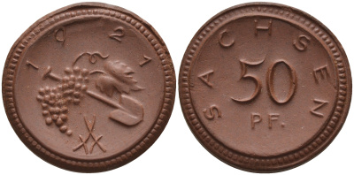 Саксония 50 пфеннигов 1921 виноград и лопата J. N 54 фарфор 1094-6-81