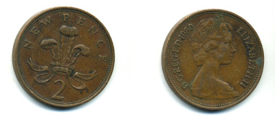 Великобритания 2 пенса 1980 Елизавета II (1952-2022) KM 916, Spink 4235 (C1) бронза 540-356