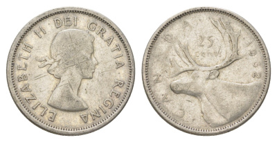 Канада 25 центов 1962 Елизавета II (1952-2022), олень KM 52 серебро 4622-837