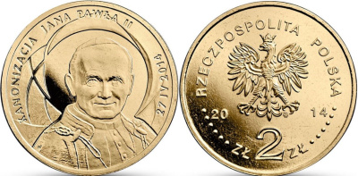 Польша 2 злотых 2014 MW, канонизация папы Иоанна Павла II, 27 февраля 2014 года KM 919 нордик  UNC  M60-09