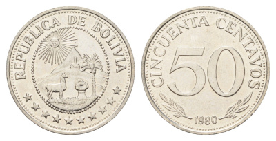 Боливия 50 сентаво 1980 KM 190 сталь плакированная никелем UNC 4662-457