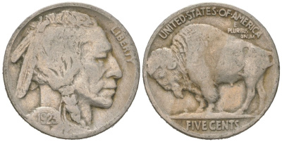 США 5 центов 1923 индеец, бизон KM 134 медно-никель 4614-1052