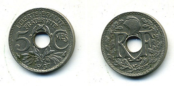 ФРАНЦИЯ 5 САНТИМОВ 1937 ТИП ЛИНДАЙЁ KM 875 медно-никель 84-311