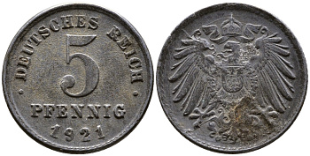 ГЕРМАНИЯ 5 ПФЕННИГОВ 1921 G KM 19, J. 297 железо 4387-756