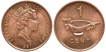 Соломоновы острова 1 цент 1987 Елизавета II (1953-) KM 24 сталь плакированная бронзой aUNC 4602-911