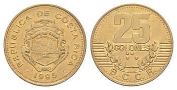 Коста-Рика 25 колонов 1995 KM 229 сталь плакированная латунью UNC 4642-916