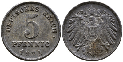 ГЕРМАНИЯ 5 ПФЕННИГОВ 1921 G KM 19, J. 297 железо 4387-756