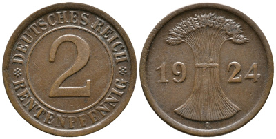 ГЕРМАНИЯ 2 РЕНТЕНПФЕННИГА 1924 A KM 31, J. 307 бронза 24-627