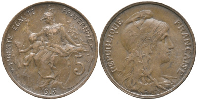 ФРАНЦИЯ 5 САНТИМОВ 1913 ТИП ДАНИЭЛЬ ДЮПЮИ KM 842, LE FRANC 119.25 бронза 34-444