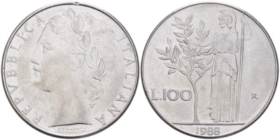 ИТАЛИЯ 100 ЛИР 1988 R, АФИНА, ДИАМЕТР 28 ММ. KM 96.1 нержавеющая сталь 4531-121
