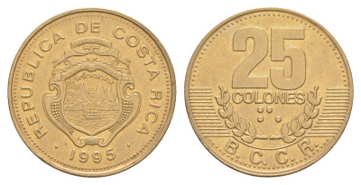 Коста-Рика 25 колонов 1995 KM 229 сталь плакированная латунью UNC 4642-916