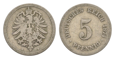 Германия 5 пфеннигов 1874 B, Вильгельм I (1871-1888) KM 3, J. 3, Weege 5 медно-никель 4639-1239