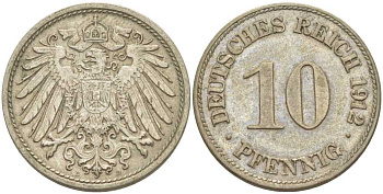 ГЕРМАНИЯ 10 ПФЕННИГОВ 1912 D KM 12, J. 13, Weege 8 медно-никель 212-226