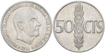 Испания 50 сентимо 1966 (68) Франсиско Франко (1939-1975) KM 795 алюминий 4181-1063