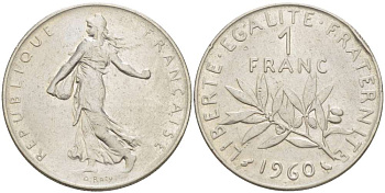 ФРАНЦИЯ 1 ФРАНК 1960 СЕЯТЕЛЬ KM 925.1, LE FRANC 226.22 никель 4519-835