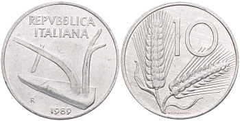 Италия 10 лир 1989 R, колосья, плуг KM 93 алюминий UNC 4551-241