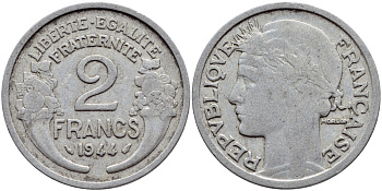 ФРАНЦИЯ 2 ФРАНКА 1944 KM 886а.1 алюминий 4397-734