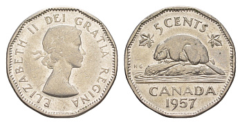 Канада 5 центов 1957 Елизавета II (1952-2022), бобр KM 50a никель 4636-559