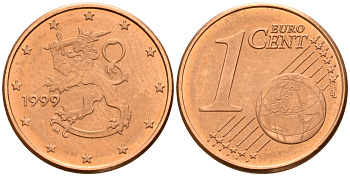 Финляндия 1 евроцент 1999  KM 98 сталь плакированная медью  UNC  4189-168