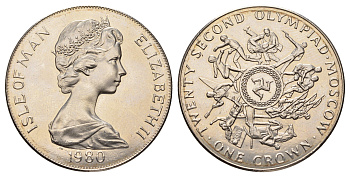 Остров Мэн 1 крона 1980 XXII летние Олимпийские Игры, Москва 1980, борцы вверху монеты KM 67 медно-никель BU 4558-525