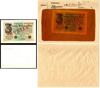 Германия 20000000 марок 1923 1 сентября, MUSTER, образец, Specimen. В оригинальном банковском конверте. Из коллекции Отто Сейфферта (помощник Ялмара Шахта - министра экономики Германии и президента Рейхсбанка времен третьего рейха) Pick 108 s, Grabowski D