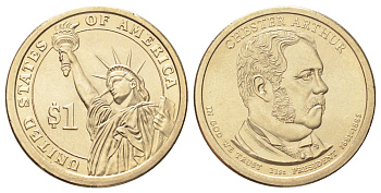 США 1 доллар 2012 Президент США - Честер Алан Артур (1881–1885) KM 524 медь с марганцево-латунным покрытием UNC 4666-1016