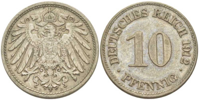 ГЕРМАНИЯ 10 ПФЕННИГОВ 1912 D KM 12, J. 13, Weege 8 медно-никель 212-226
